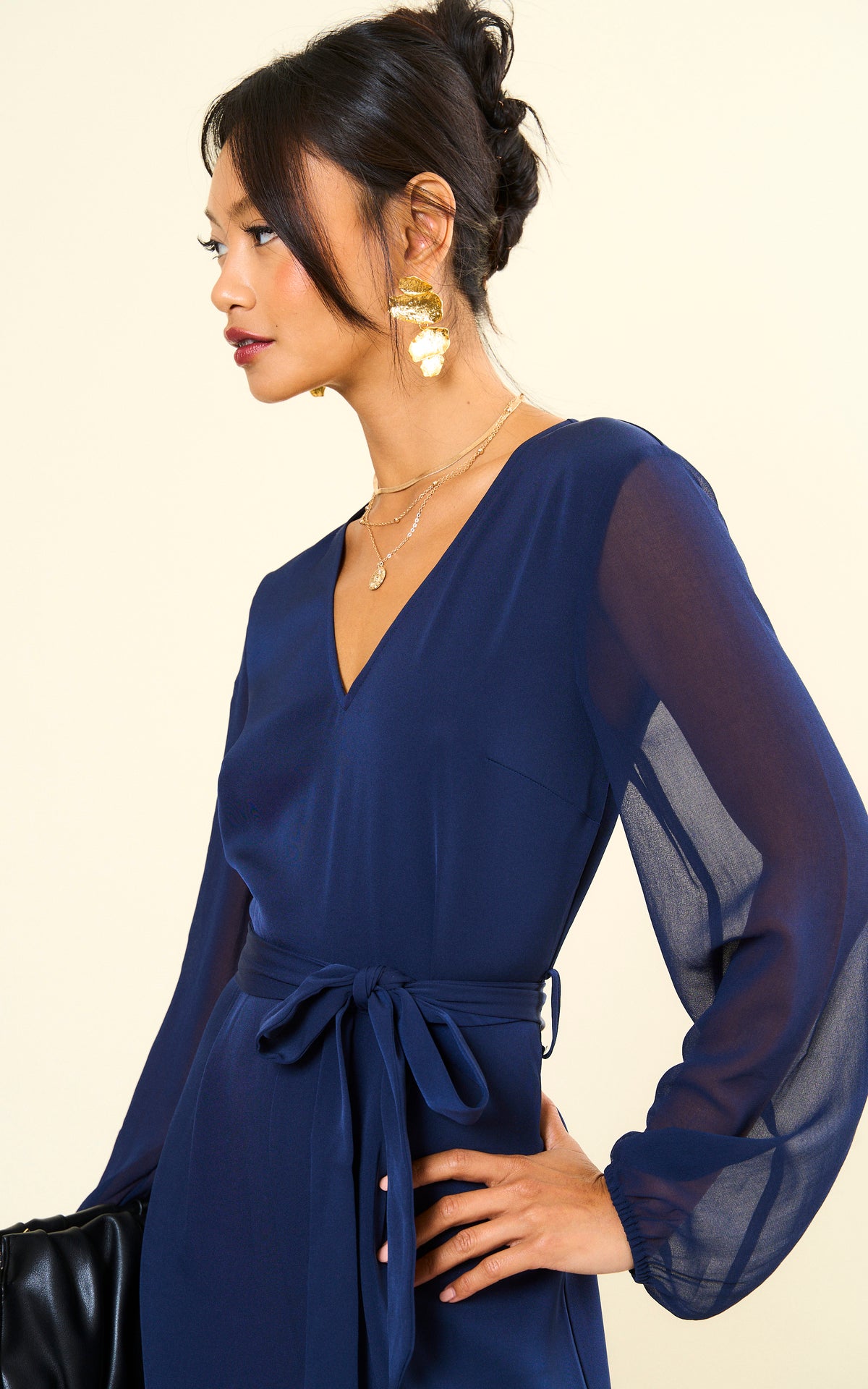 Navy Long Sleeve Jumpsuit with Chiffon Sleeve