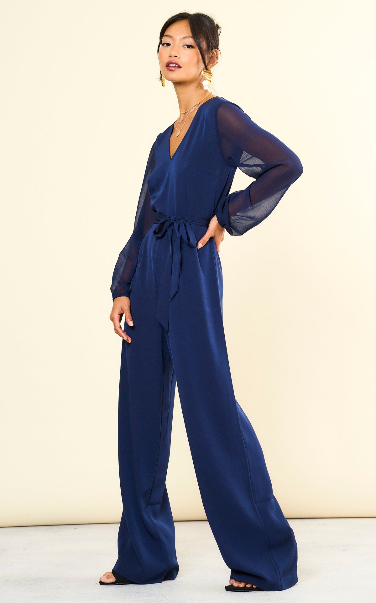 Navy Long Sleeve Jumpsuit with Chiffon Sleeve
