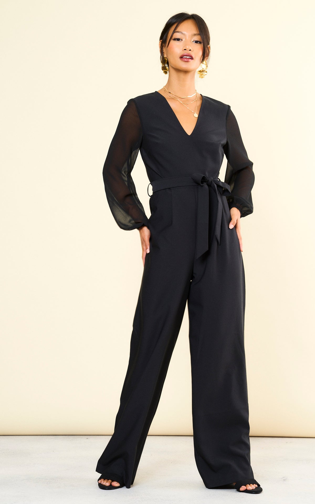 Black Long Sleeve Jumpsuit with Chiffon Sleeve