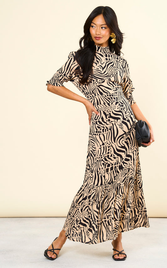 High neck maxi dress in animal print with 3/4 smock sleeves