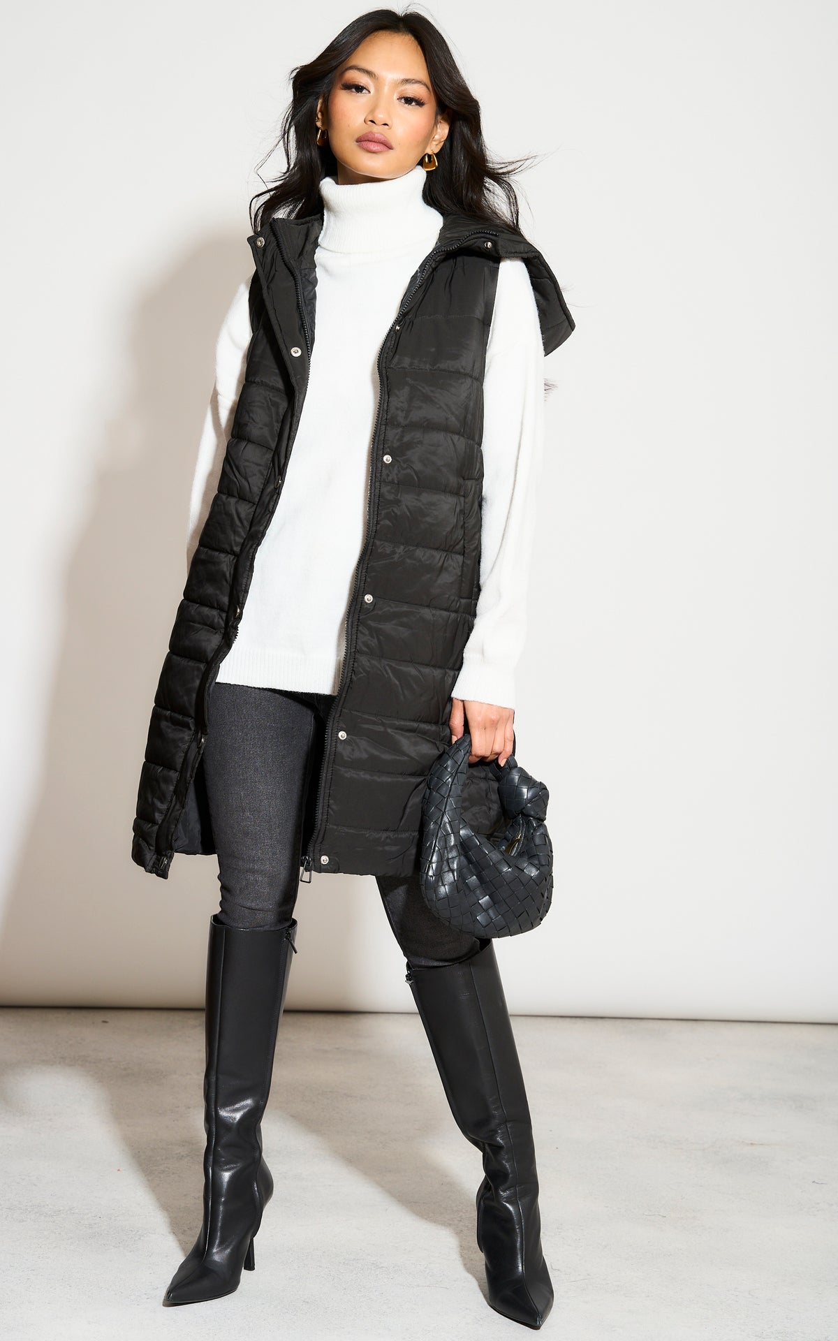 Black Longline Padded Hooded Gilet