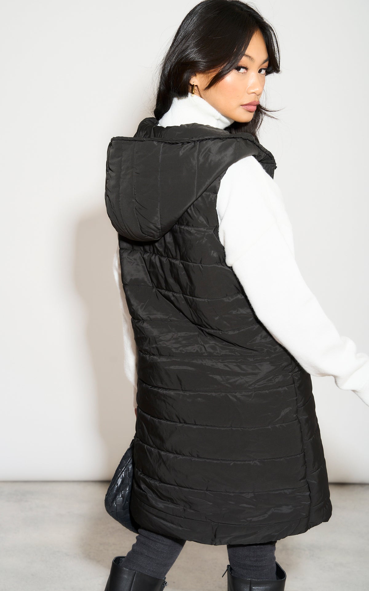 Black Longline Padded Hooded Gilet