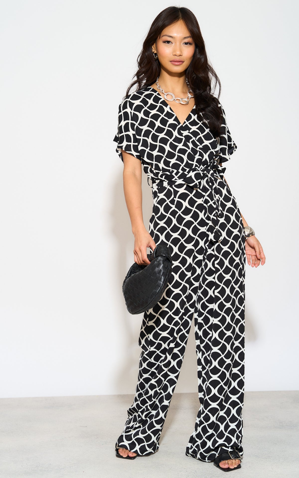 Black Geometric Print Wrap Jumpsuit