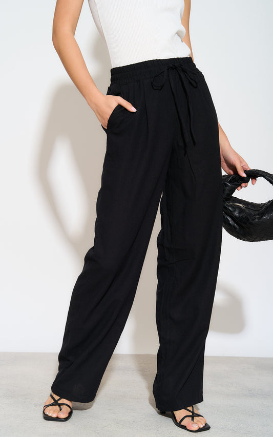 Wide Leg Linen Trousers in Black