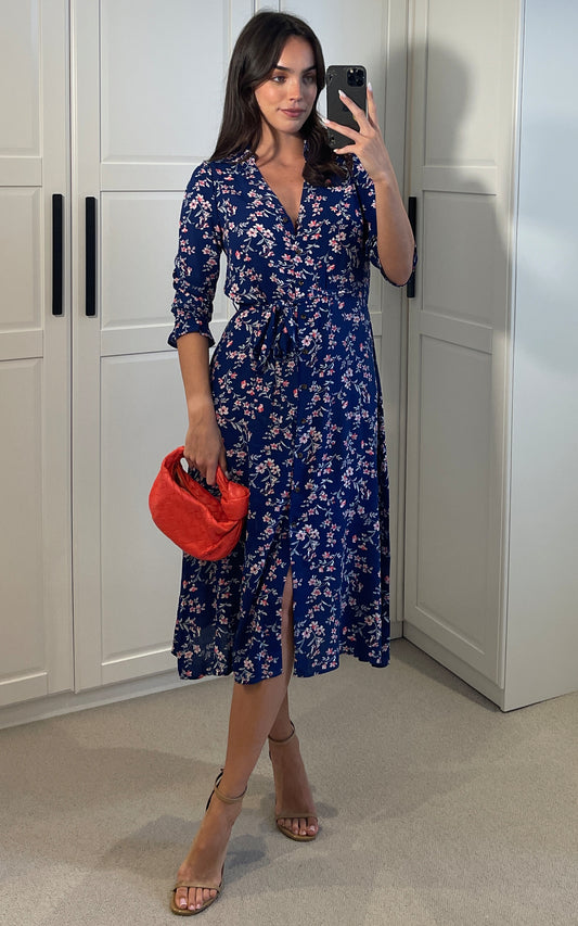 Midi shirt dress in navy floral print