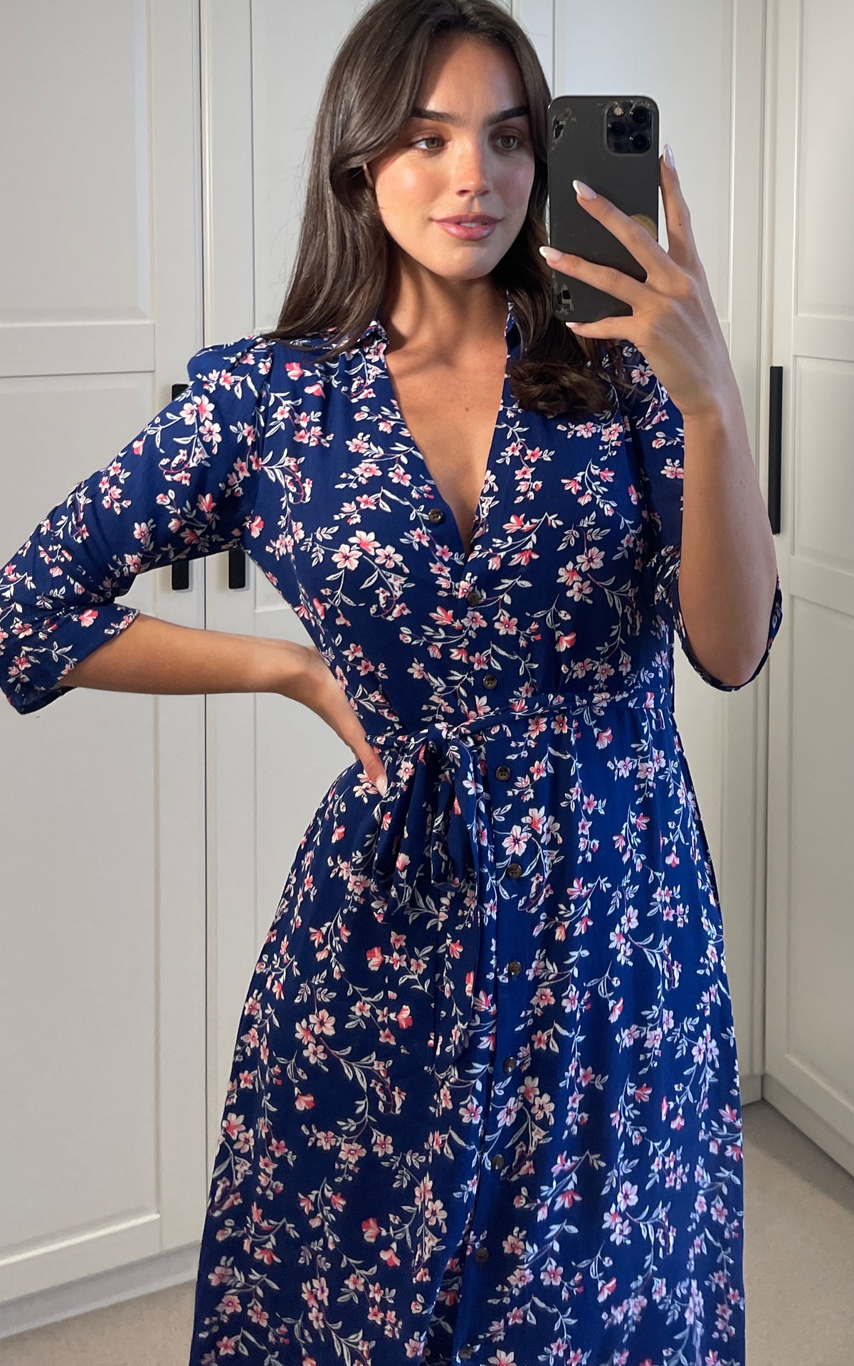 Midi shirt dress in navy floral print