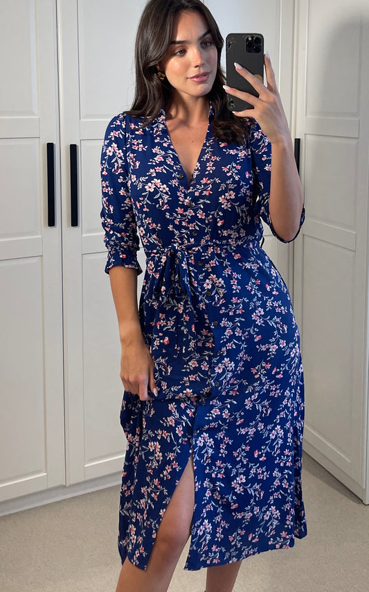 Midi shirt dress in navy floral print