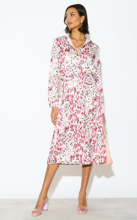 Loose fitting Midi shirt dress in Cream & Hot pink digital leopard print