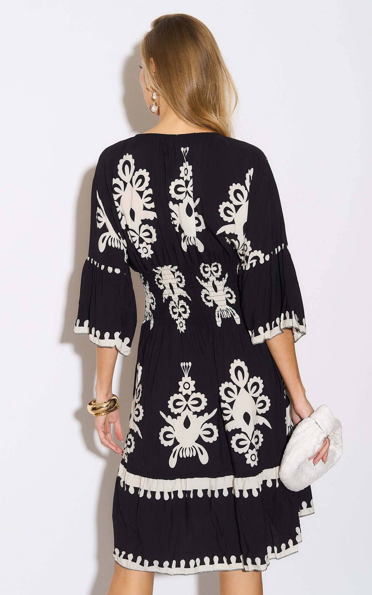 Oversized Wide Sleeves V Neck Printed Knee Length Dress in Black