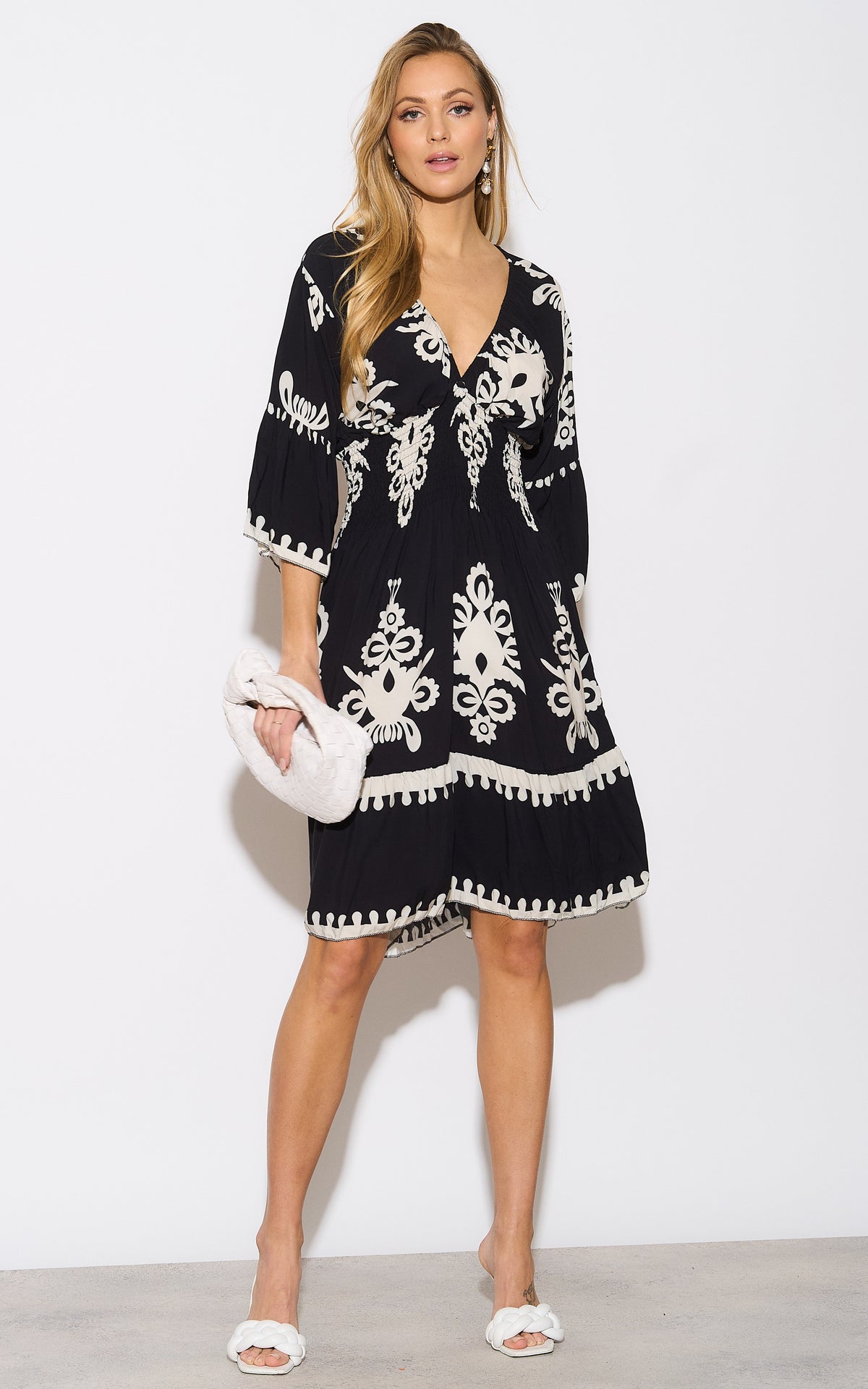 Oversized Wide Sleeves V Neck Printed Knee Length Dress in Black