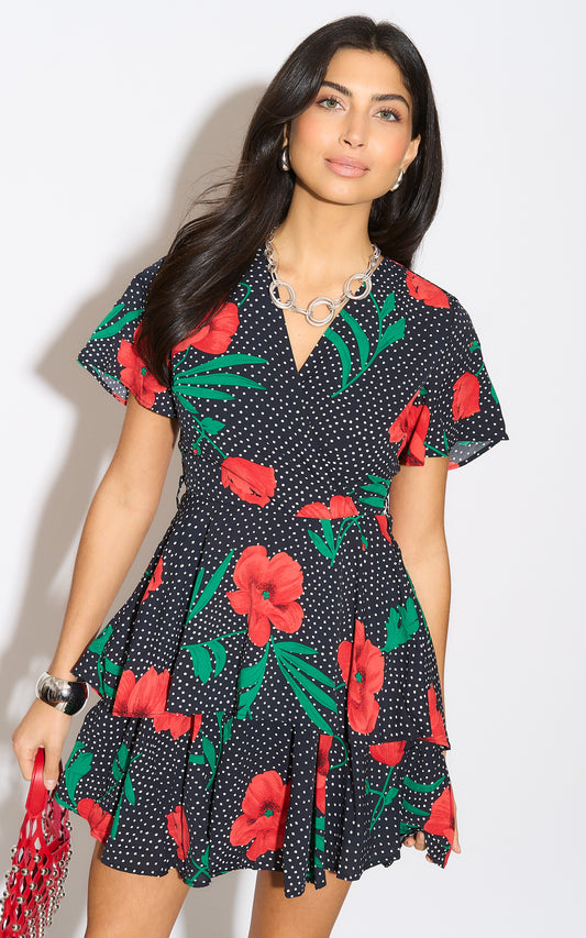 Aspen Layer Chiffon Mini Dress Black/Red Print