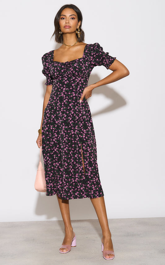 Bardot midi dress with front tie bow fastening and smock detail in multicolour floral print