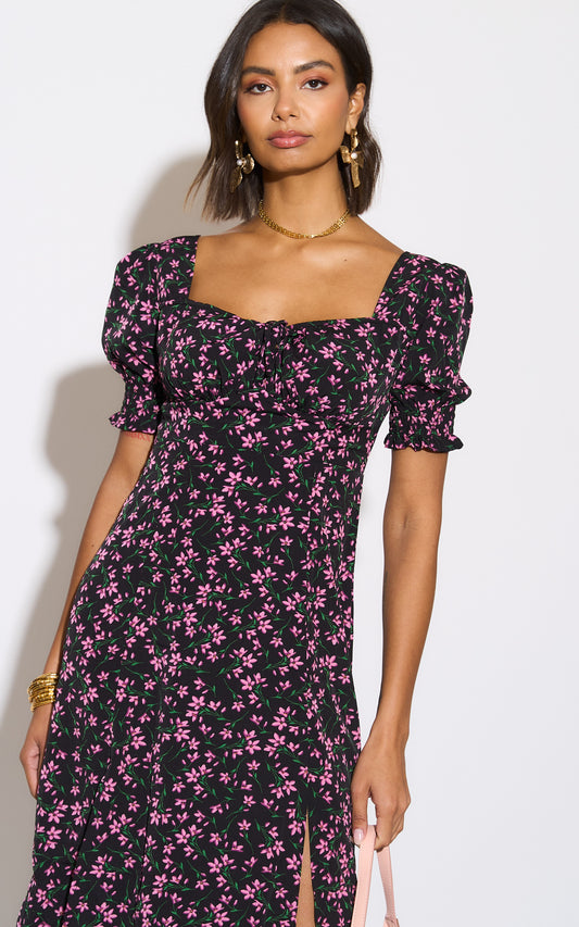 Bardot midi dress with front tie bow fastening and smock detail in multicolour floral print