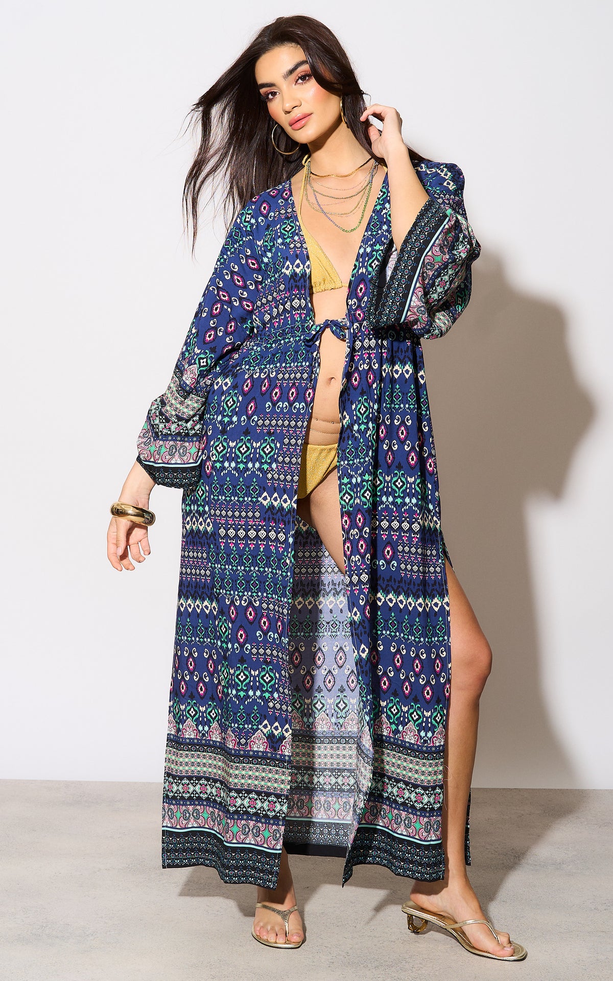 Age of Love Long Sleeve Navy Printed Maxi Tie Kimono