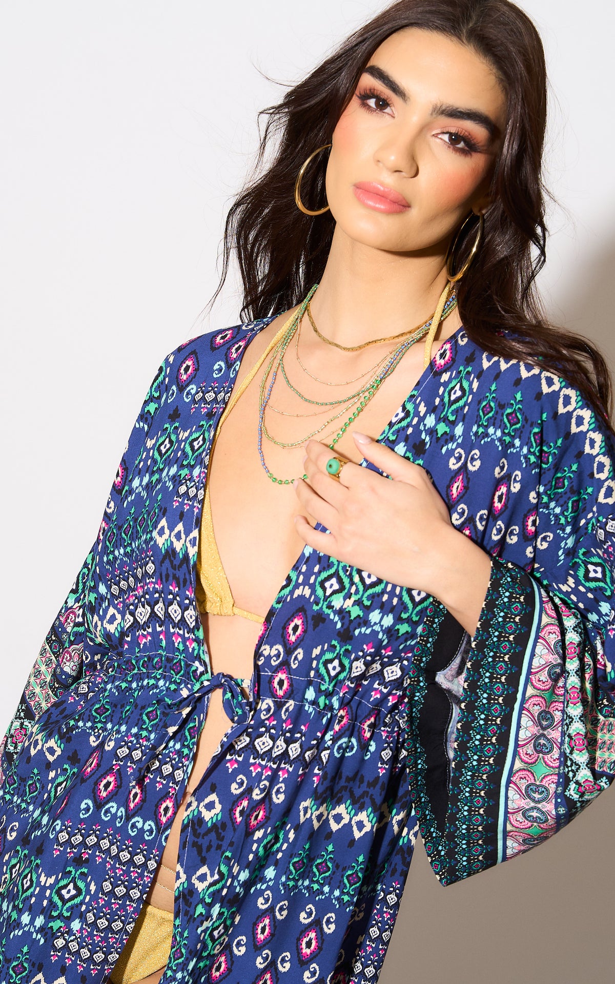 Age of Love Long Sleeve Navy Printed Maxi Tie Kimono