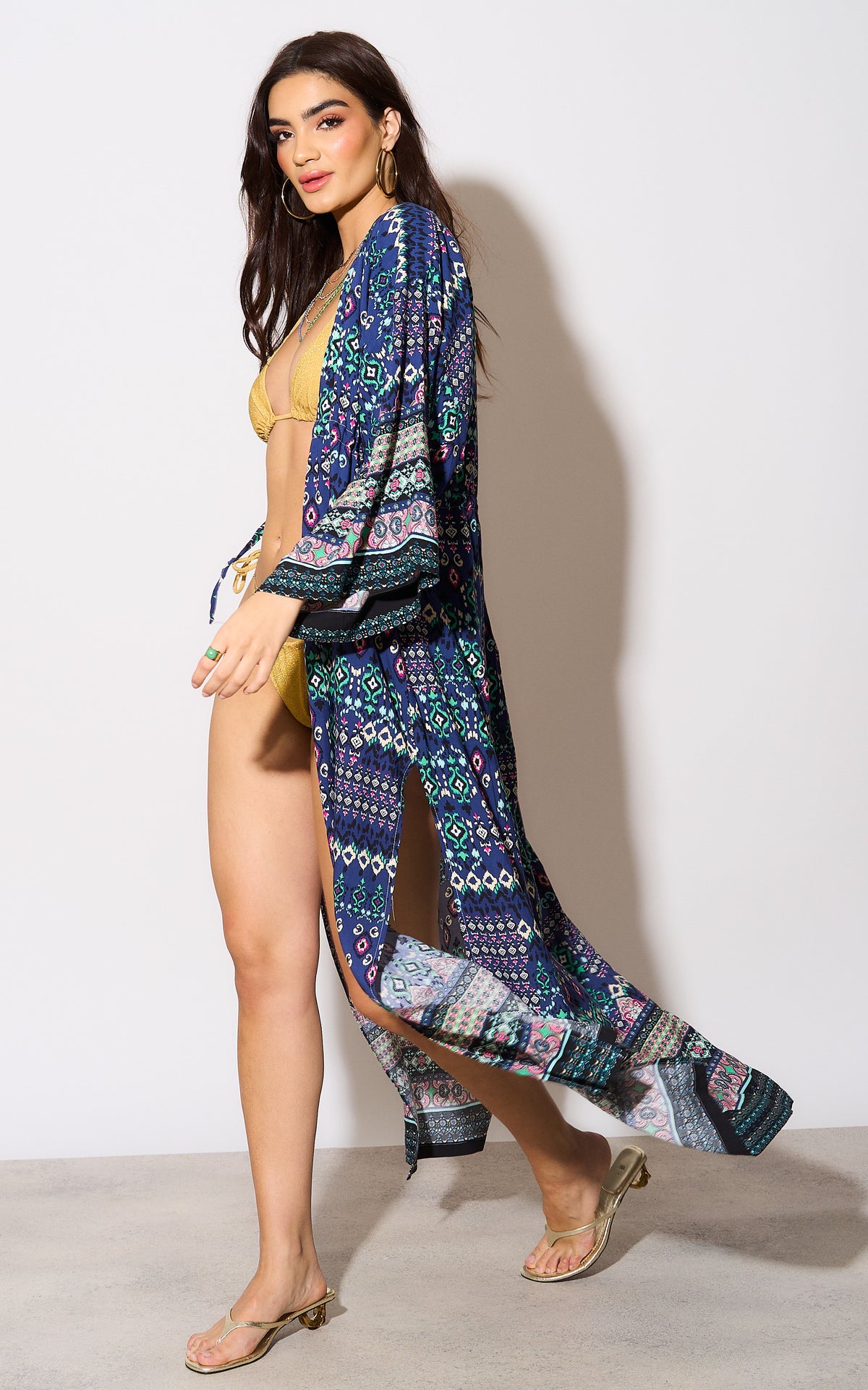 Age of Love Long Sleeve Navy Printed Maxi Tie Kimono