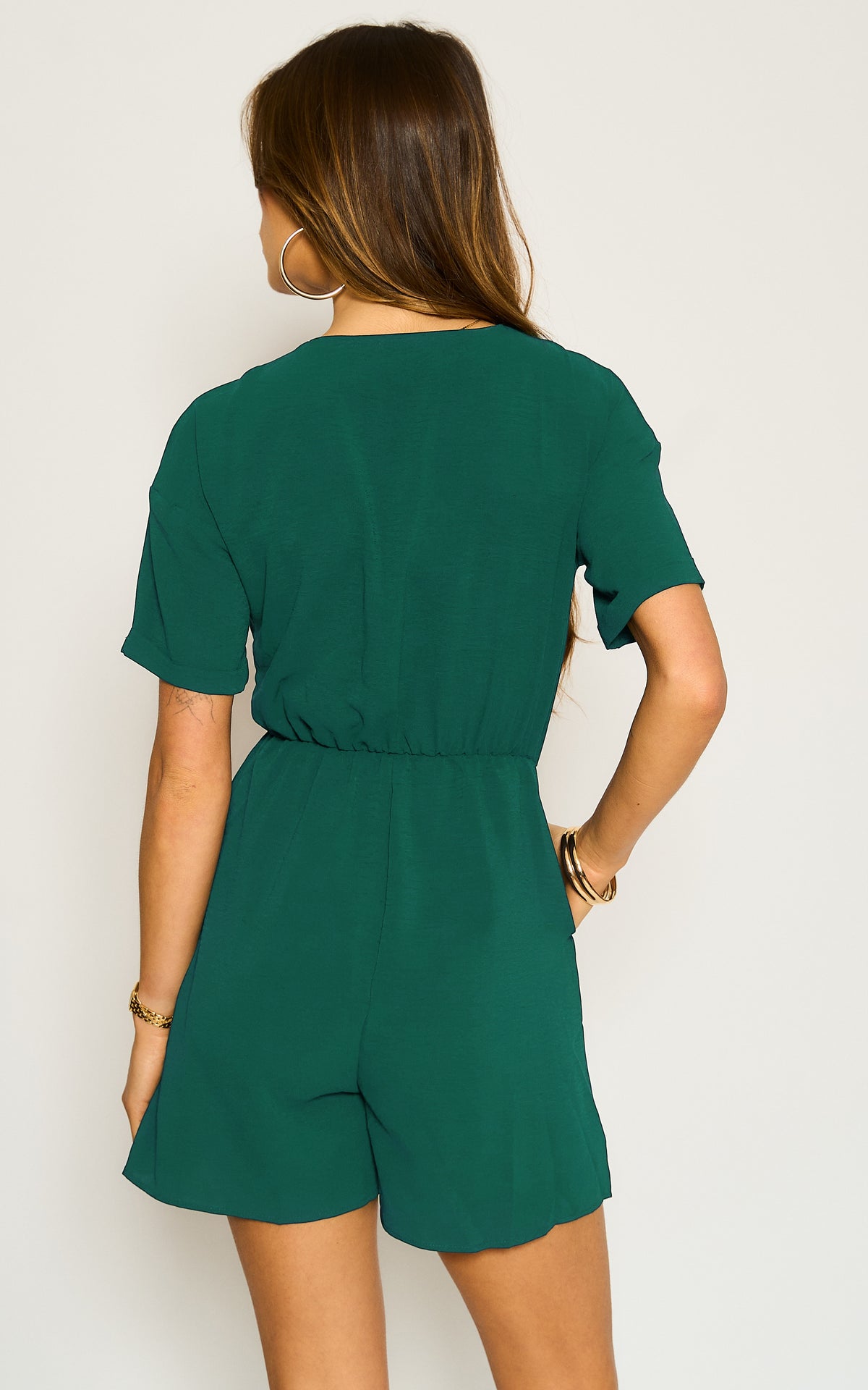 Relaxed Button Down Playsuit In Green