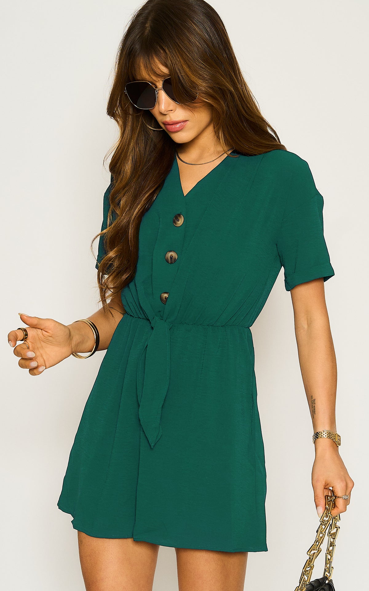 Relaxed Button Down Playsuit In Green