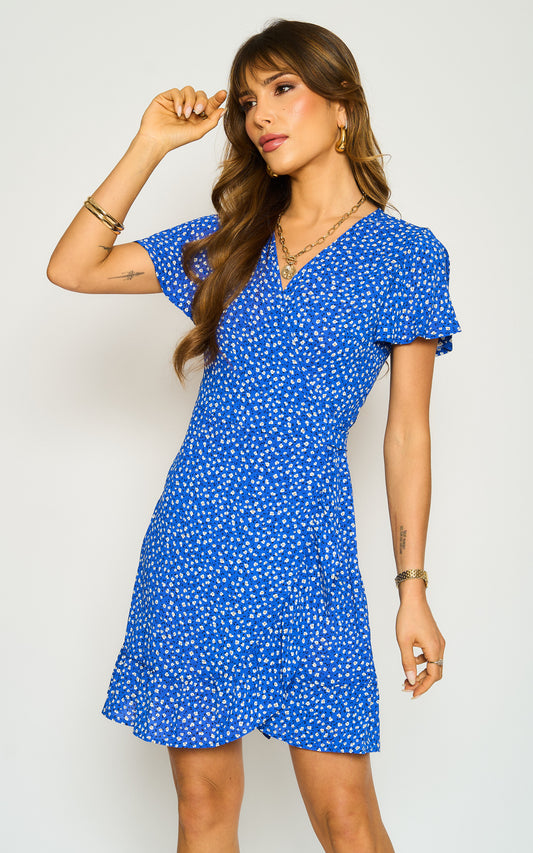 White Little Flower Print Angel Sleeve Mini Wrap Dress In Blue
