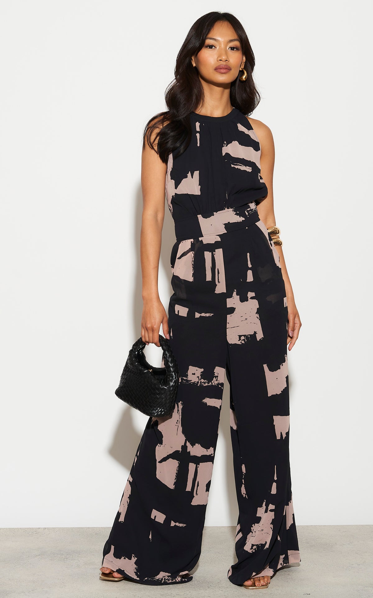 Wide Leg Halterneck Crew Jumpsuit in abstract Facade print
