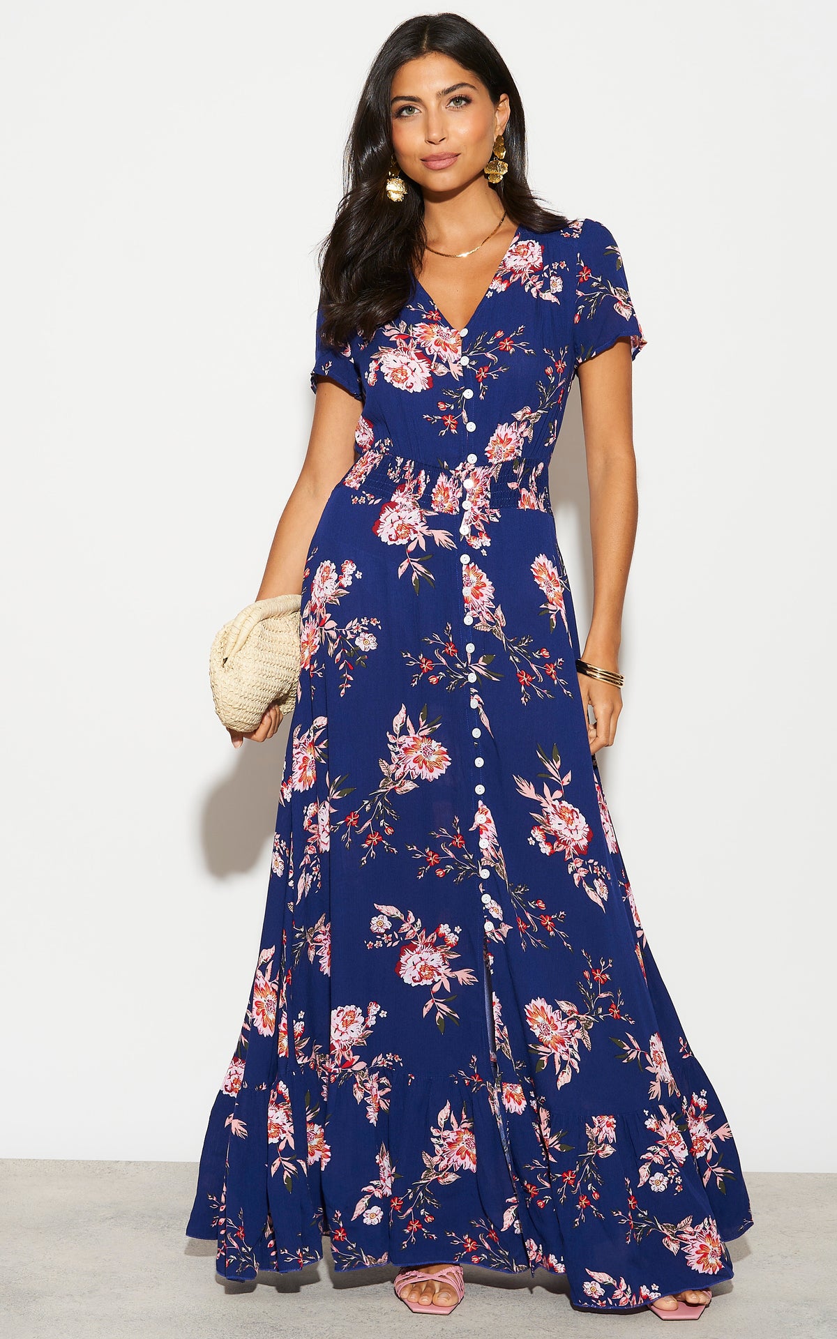 Short Sleeve Button Detail Maxi Dress in Blue Floral Print