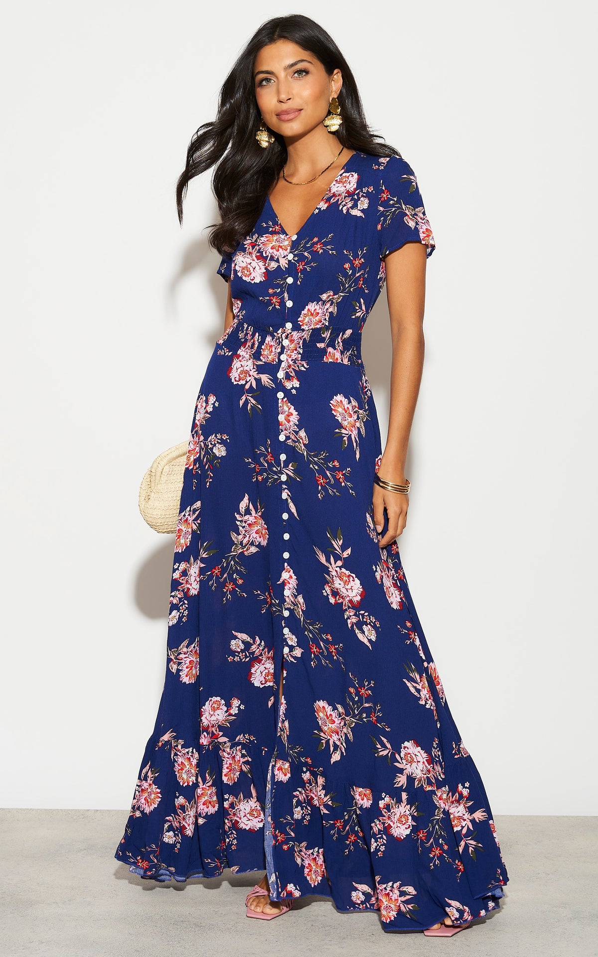 Short Sleeve Button Detail Maxi Dress in Blue Floral Print