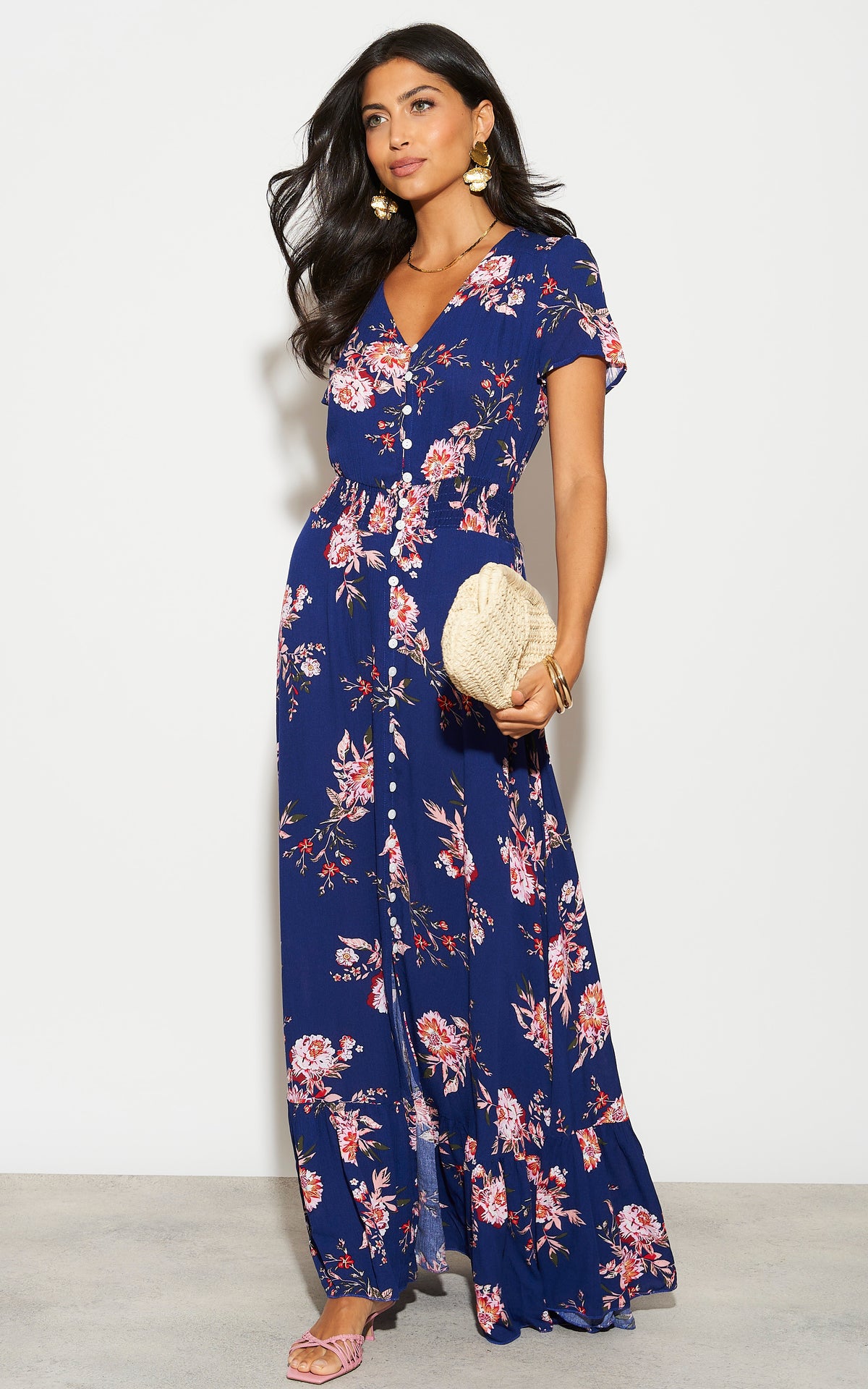 Short Sleeve Button Detail Maxi Dress in Blue Floral Print