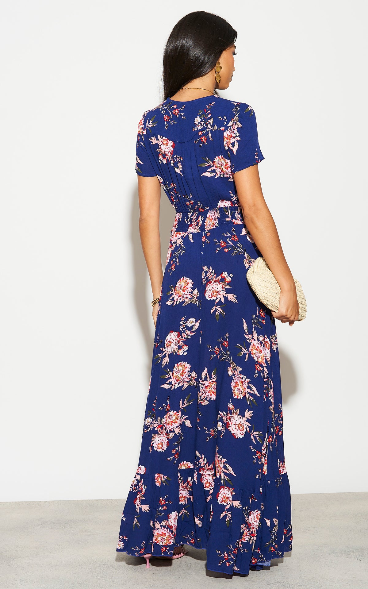 Short Sleeve Button Detail Maxi Dress in Blue Floral Print