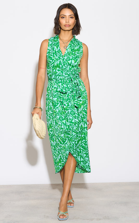 Sleeveless midi wrap dress in green print