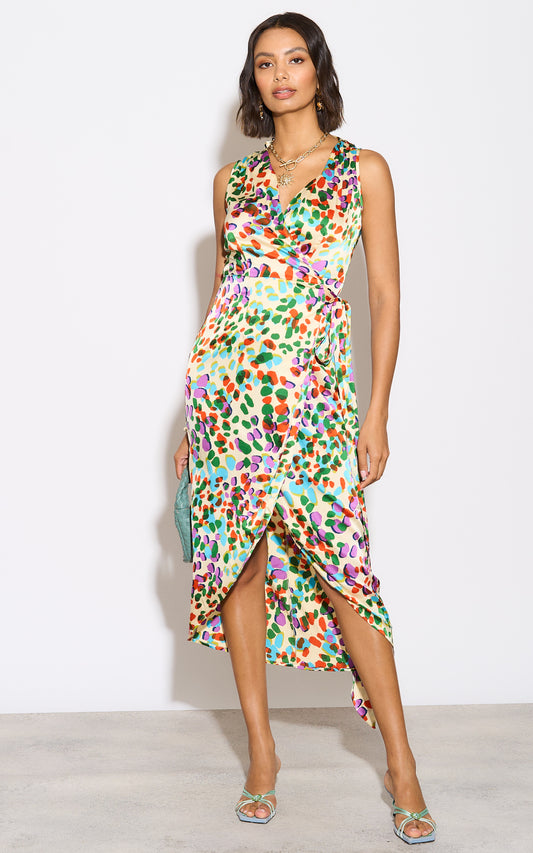 Sleeveless wrap dress in abstract multicolour print