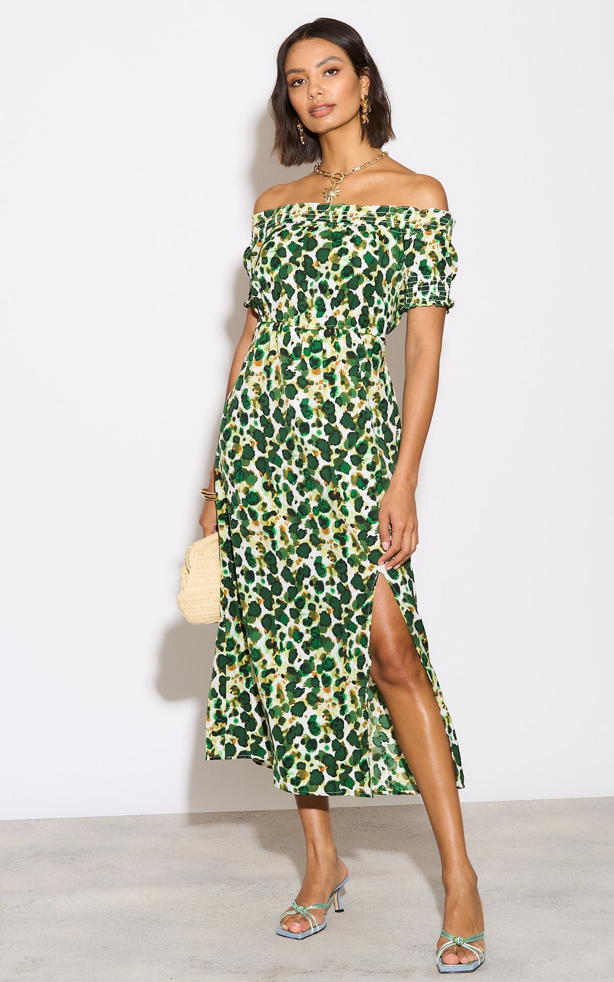 Green Print Bardot Maxi dress