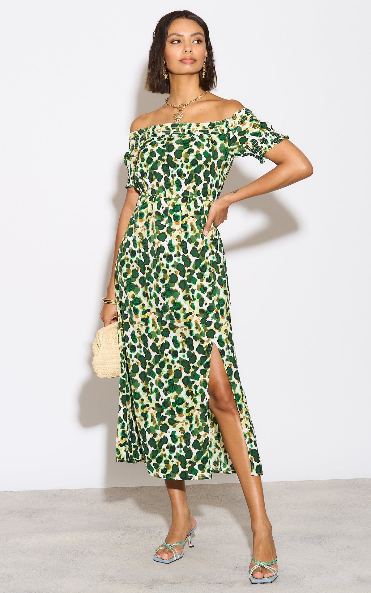 Green Print Bardot Maxi dress