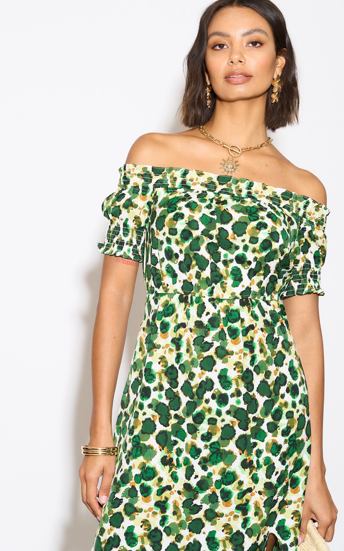 Green Print Bardot Maxi dress