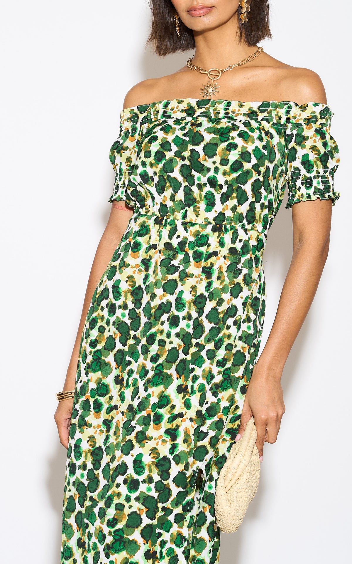 Green Print Bardot Maxi dress