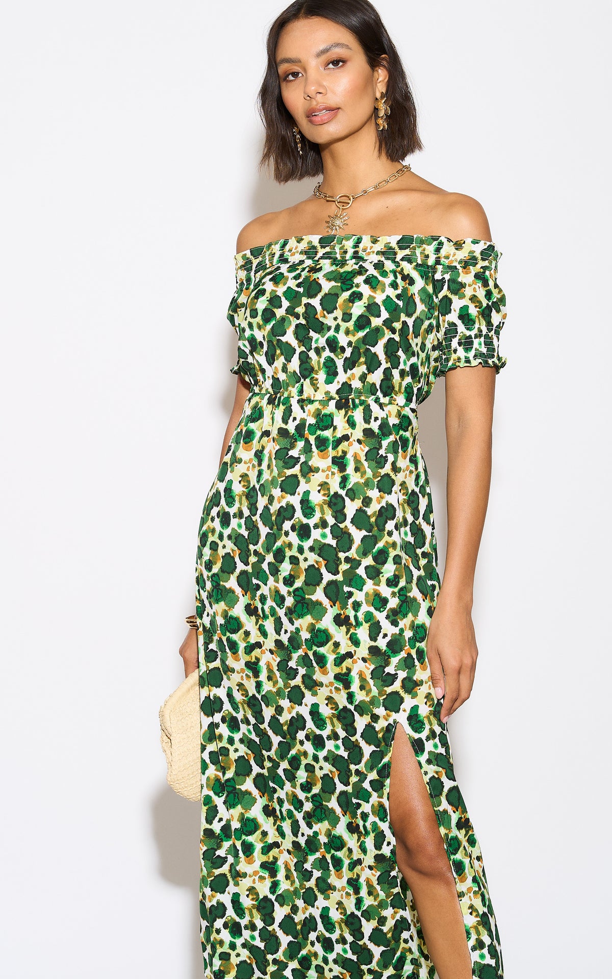 Green Print Bardot Maxi dress
