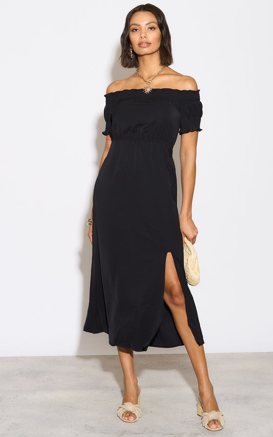 Black bardot dress with split leg