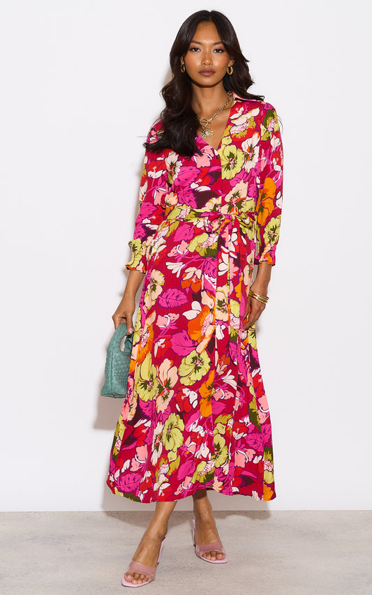 Large yellow and orange floral print shirt dress