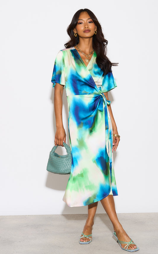 Blue and green printed midi wrap dress