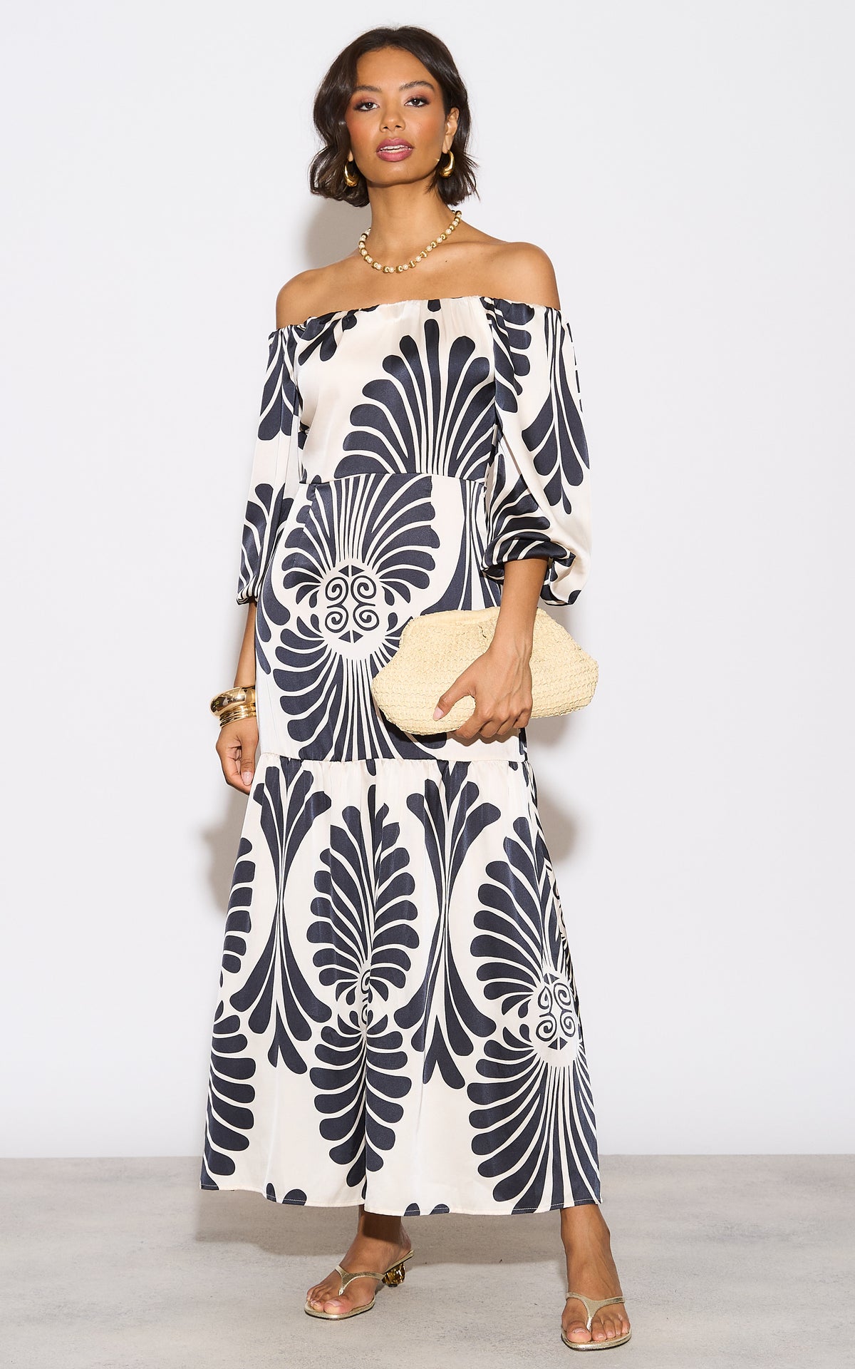 Cream Bardot Mono Print Maxi Dress