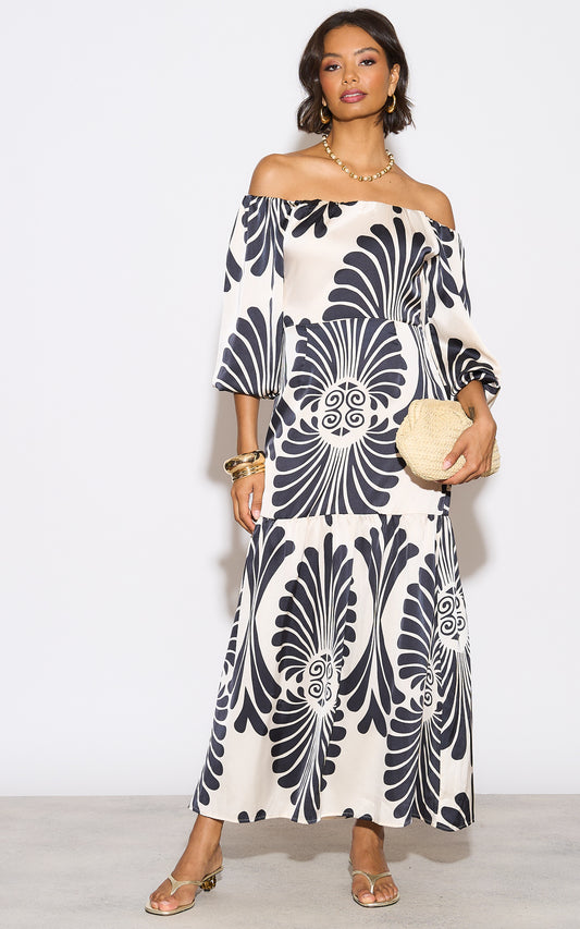 Cream Bardot Mono Print Maxi Dress