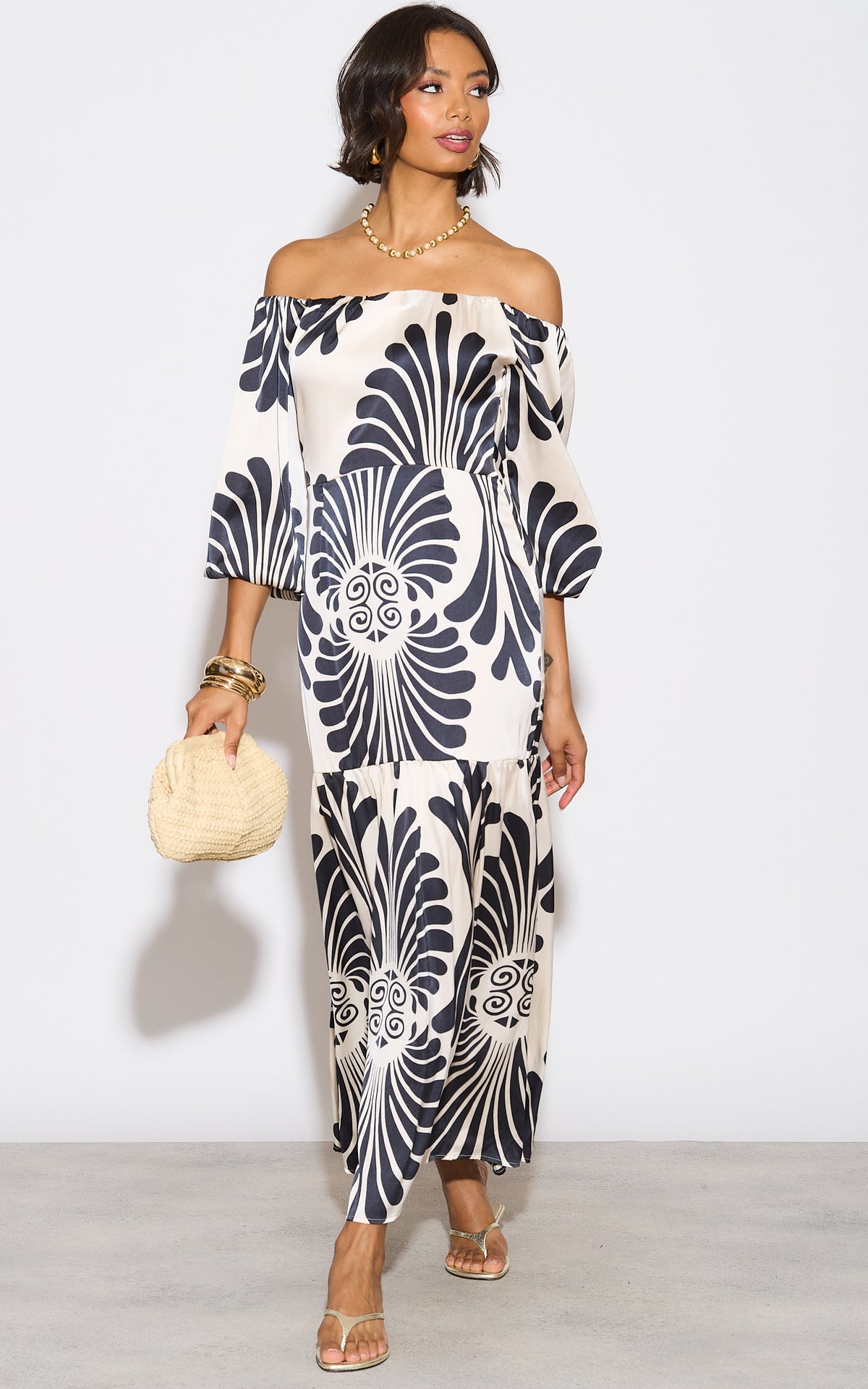 Cream Bardot Mono Print Maxi Dress