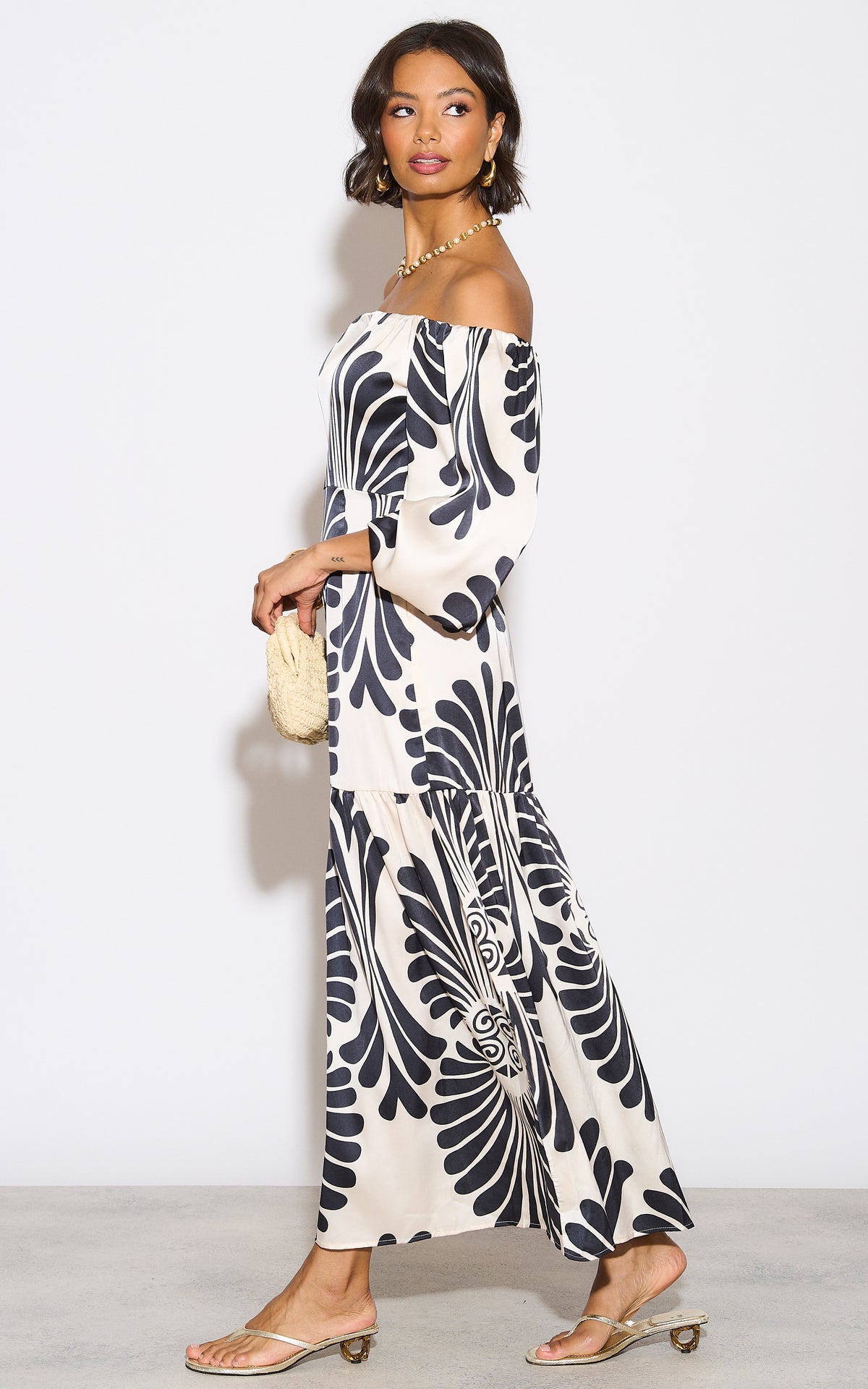 Cream Bardot Mono Print Maxi Dress