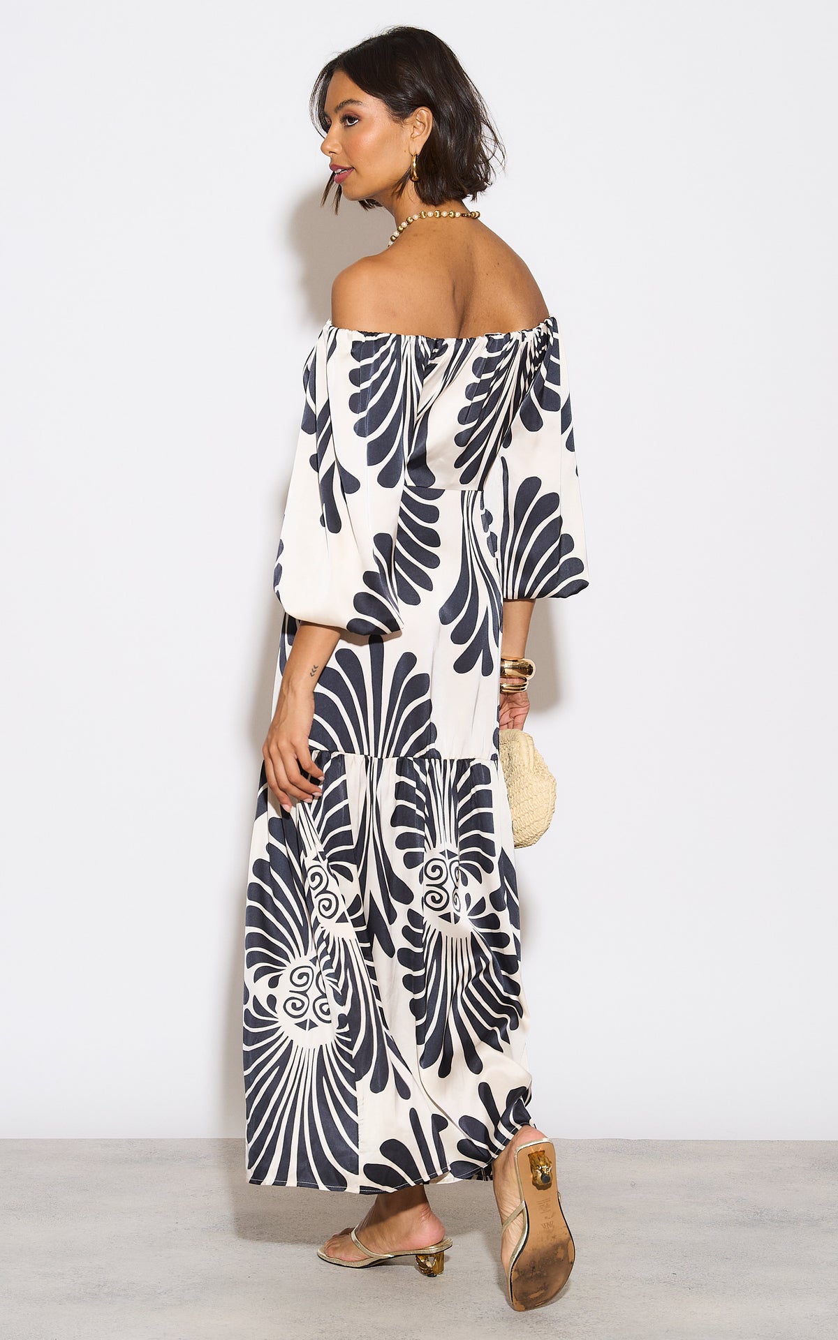 Cream Bardot Mono Print Maxi Dress