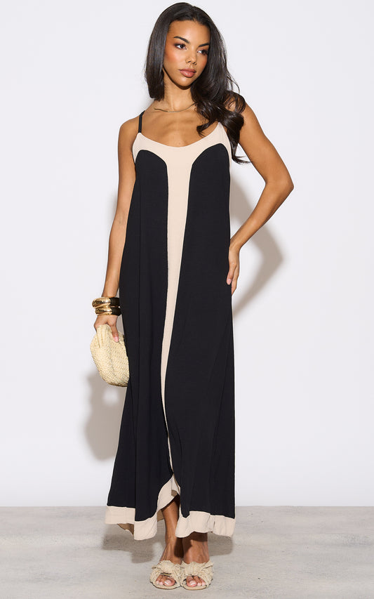 Relaxed Fit Front Detailed Cami Maxi Dress in Beige and Black