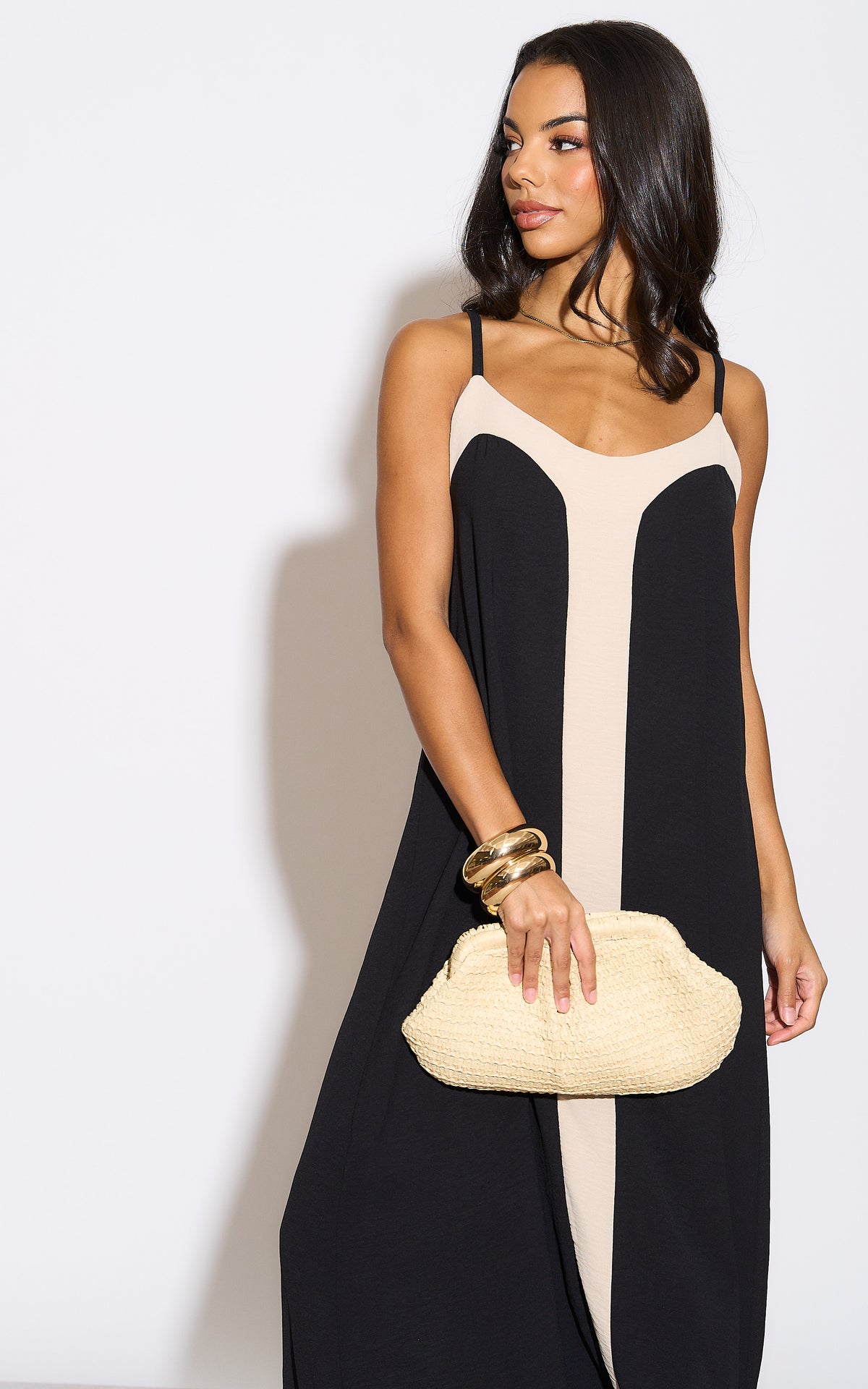 Relaxed Fit Front Detailed Cami Maxi Dress in Beige and Black