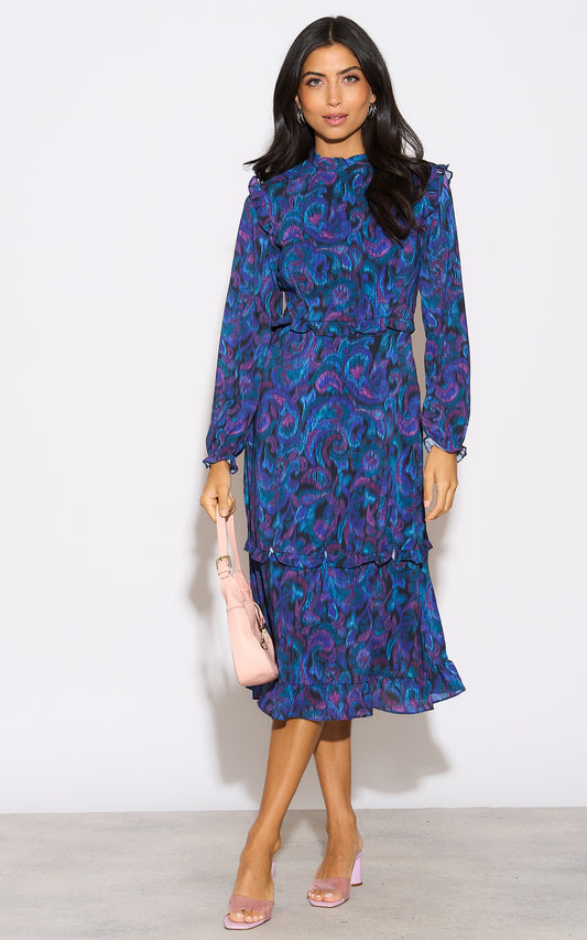 High Neck Ruffle Detail Midi Dress in Blue Paisley Print