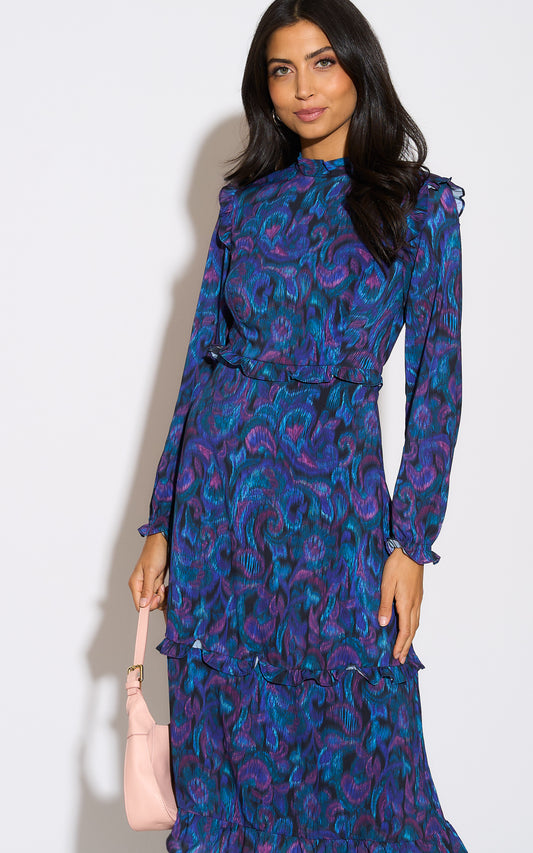 High Neck Ruffle Detail Midi Dress in Blue Paisley Print