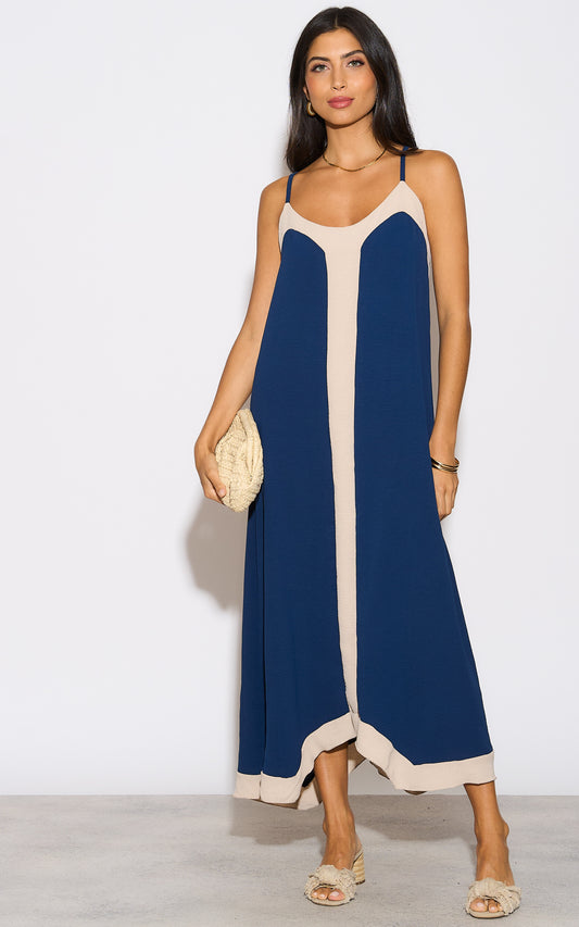 Relaxed Fit Front Detailed Cami Maxi Dress in Navy and Beige