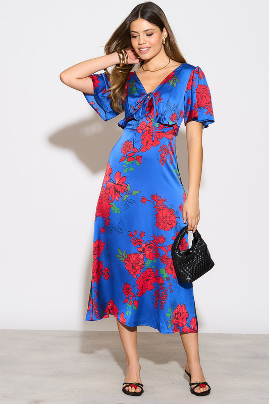 Blue with red  floral maxi dress with ruffle detail