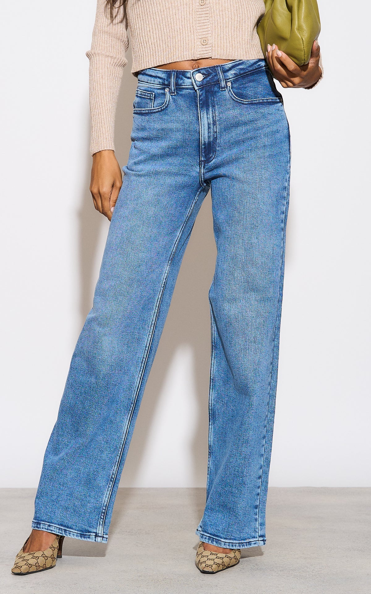 High Waist Wide Leg Jeans in Medium Blue Denim
